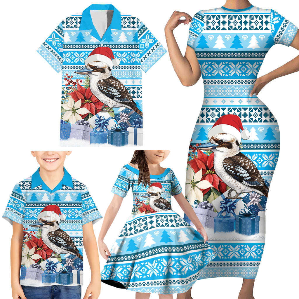 Australia Christmas In July Family Matching Short Sleeve Bodycon Dress and Hawaiian Shirt Kookaburra Santa Blue Color
