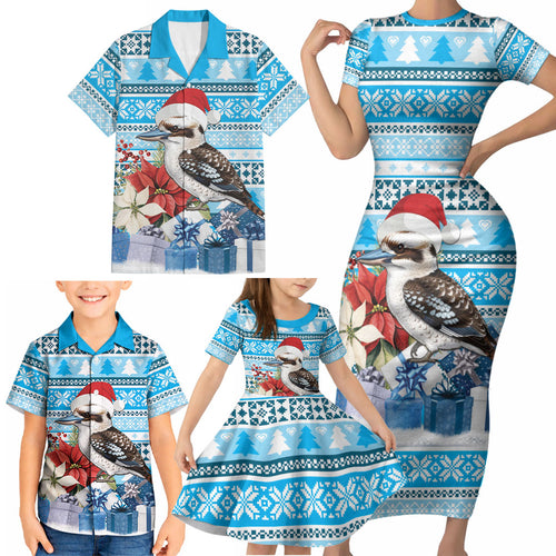 Australia Christmas In July Family Matching Short Sleeve Bodycon Dress and Hawaiian Shirt Kookaburra Santa Blue Color