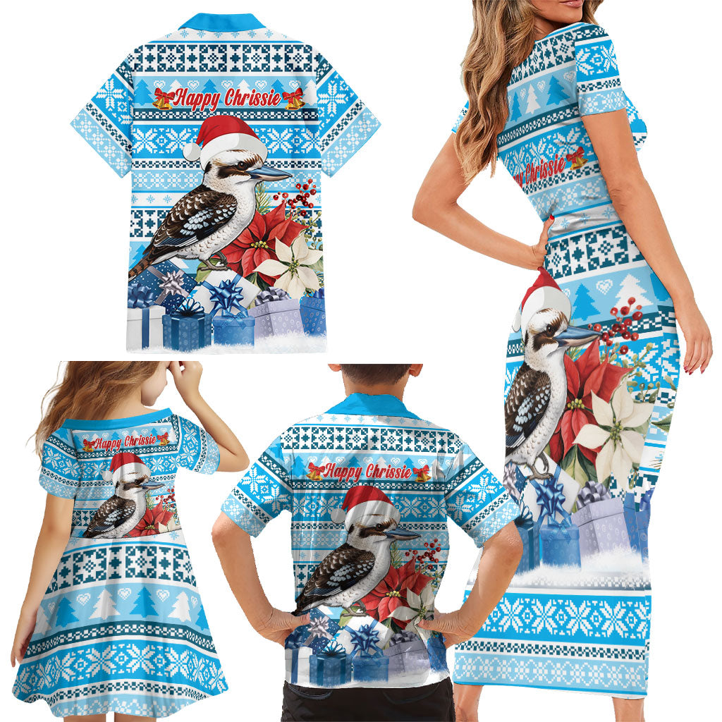 Australia Christmas In July Family Matching Short Sleeve Bodycon Dress and Hawaiian Shirt Kookaburra Santa Blue Color