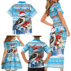 Australia Christmas In July Family Matching Short Sleeve Bodycon Dress and Hawaiian Shirt Kookaburra Santa Blue Color