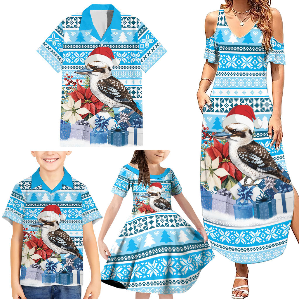 Australia Christmas In July Family Matching Summer Maxi Dress and Hawaiian Shirt Kookaburra Santa Blue Color