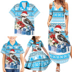 Australia Christmas In July Family Matching Summer Maxi Dress and Hawaiian Shirt Kookaburra Santa Blue Color