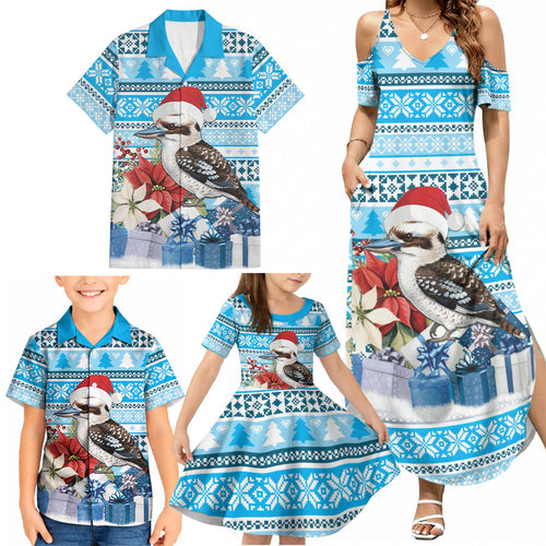 Australia Christmas In July Family Matching Summer Maxi Dress and Hawaiian Shirt Kookaburra Santa Blue Color