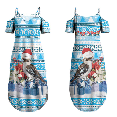 Australia Christmas In July Family Matching Summer Maxi Dress and Hawaiian Shirt Kookaburra Santa Blue Color