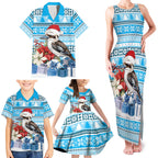 Australia Christmas In July Family Matching Tank Maxi Dress and Hawaiian Shirt Kookaburra Santa Blue Color