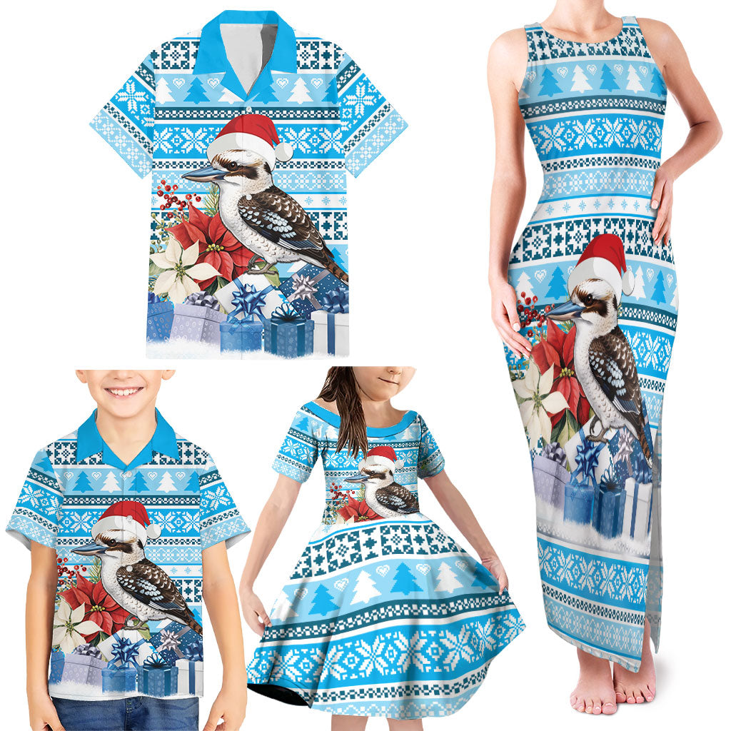 Australia Christmas In July Family Matching Tank Maxi Dress and Hawaiian Shirt Kookaburra Santa Blue Color