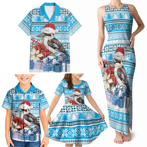 Australia Christmas In July Family Matching Tank Maxi Dress and Hawaiian Shirt Kookaburra Santa Blue Color