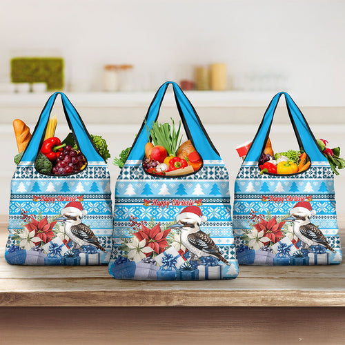 Australia Christmas In July Grocery Bag Kookaburra Santa Blue Color