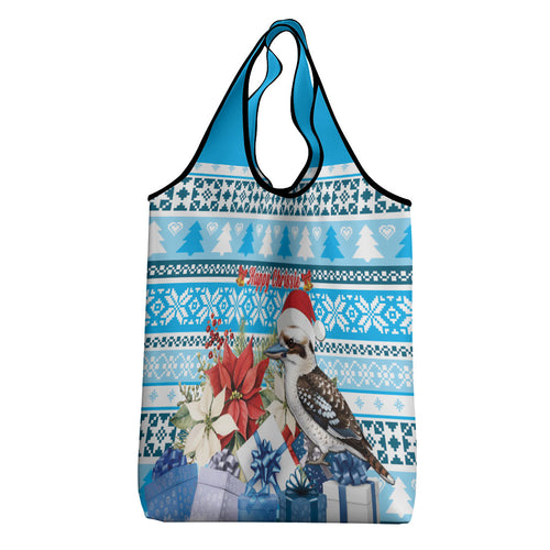 Australia Christmas In July Grocery Bag Kookaburra Santa Blue Color