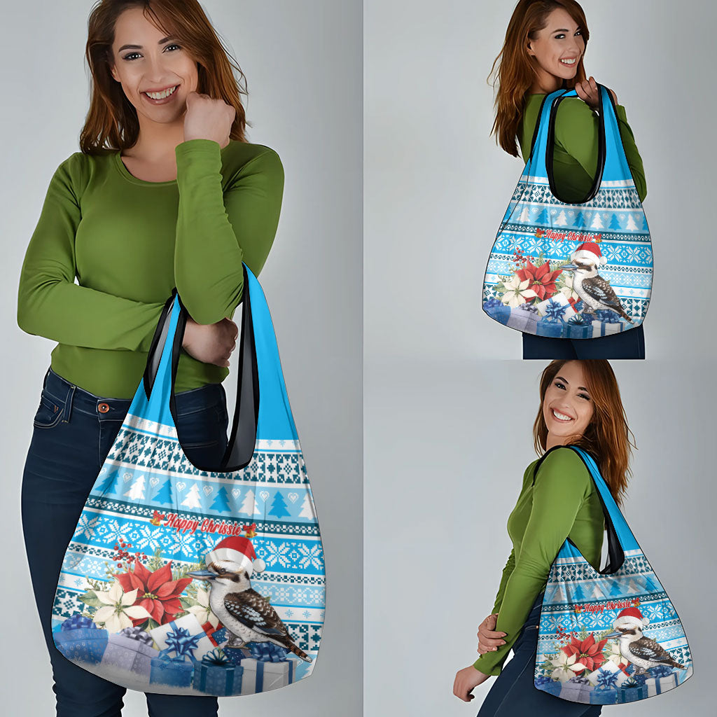 Australia Christmas In July Grocery Bag Kookaburra Santa Blue Color