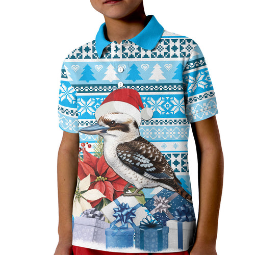 Australia Christmas In July Kid Polo Shirt Kookaburra Santa Blue Color