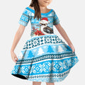 Australia Christmas In July Kid Short Sleeve Dress Kookaburra Santa Blue Color