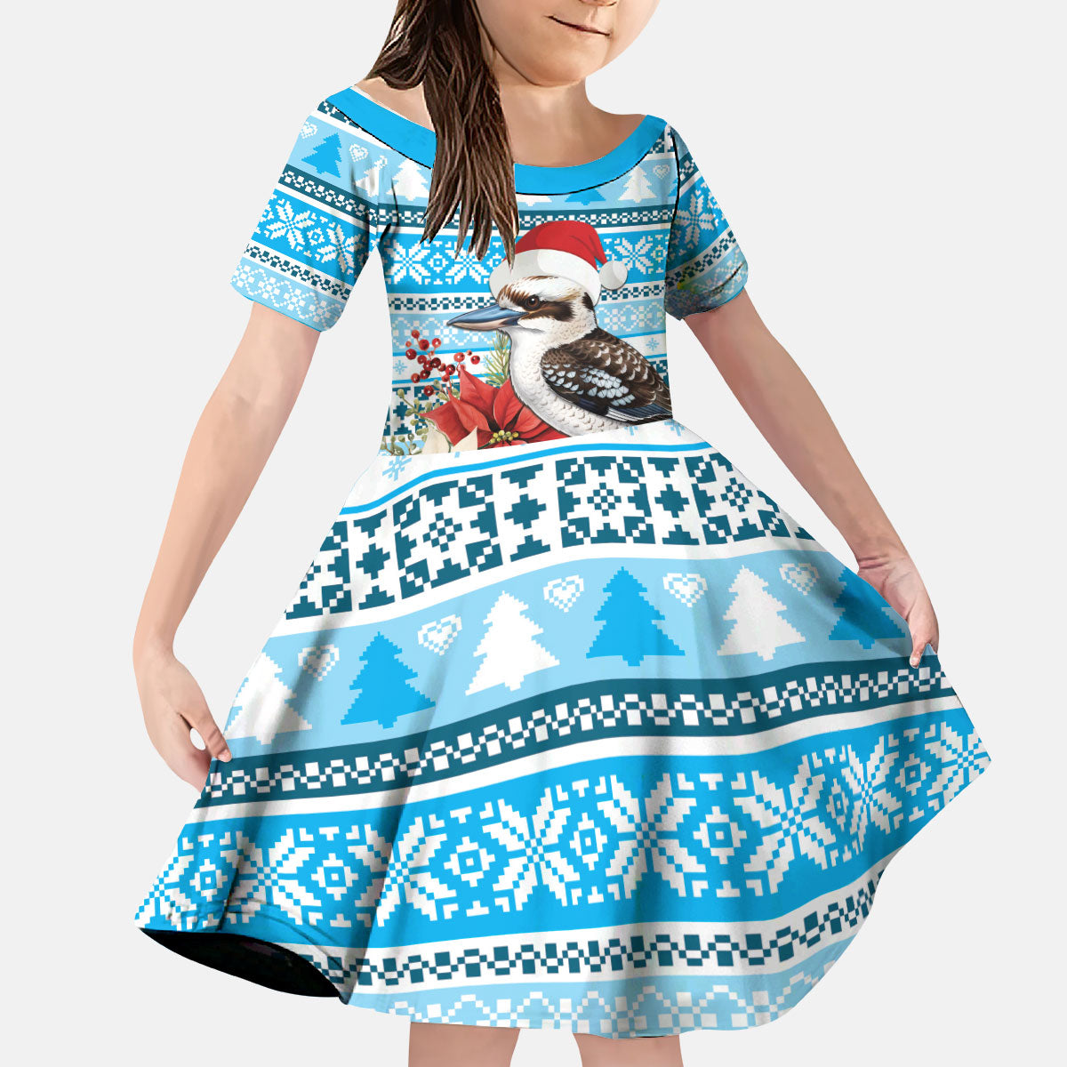 Australia Christmas In July Kid Short Sleeve Dress Kookaburra Santa Blue Color