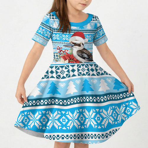 Australia Christmas In July Kid Short Sleeve Dress Kookaburra Santa Blue Color