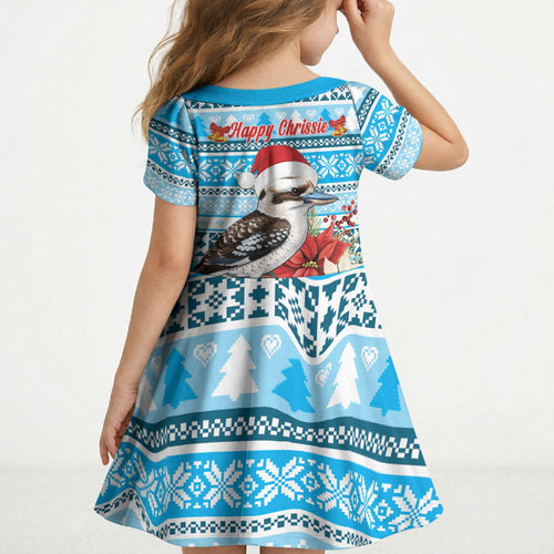 Australia Christmas In July Kid Short Sleeve Dress Kookaburra Santa Blue Color