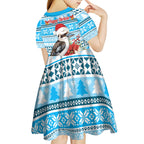 Australia Christmas In July Kid Short Sleeve Dress Kookaburra Santa Blue Color