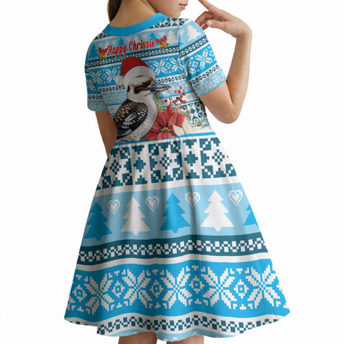 Australia Christmas In July Kid Short Sleeve Dress Kookaburra Santa Blue Color