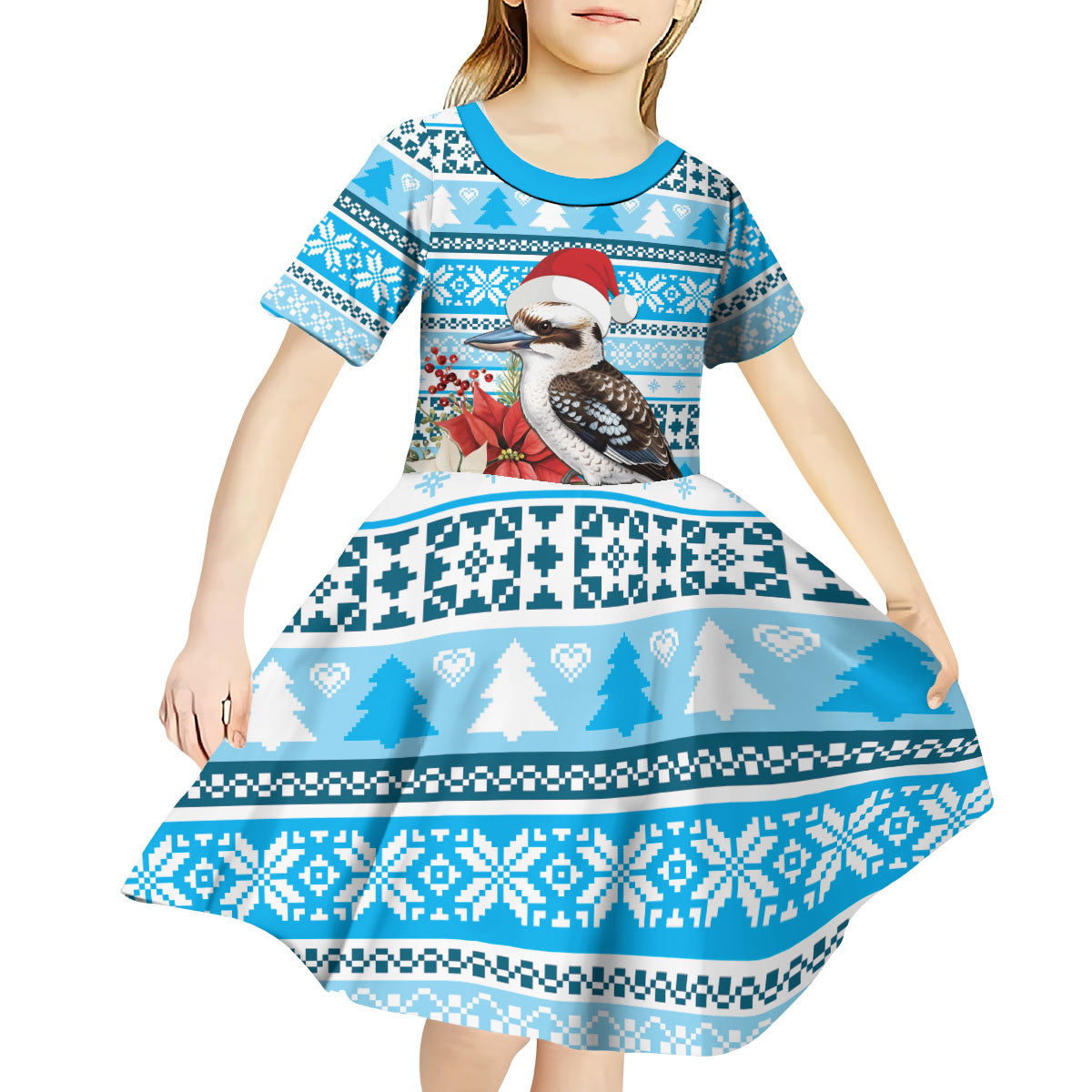 Australia Christmas In July Kid Short Sleeve Dress Kookaburra Santa Blue Color
