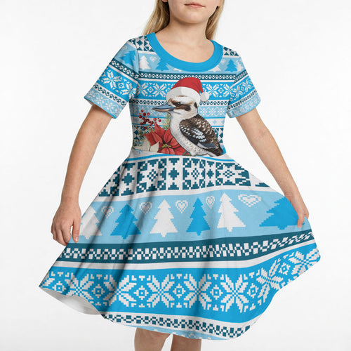 Australia Christmas In July Kid Short Sleeve Dress Kookaburra Santa Blue Color