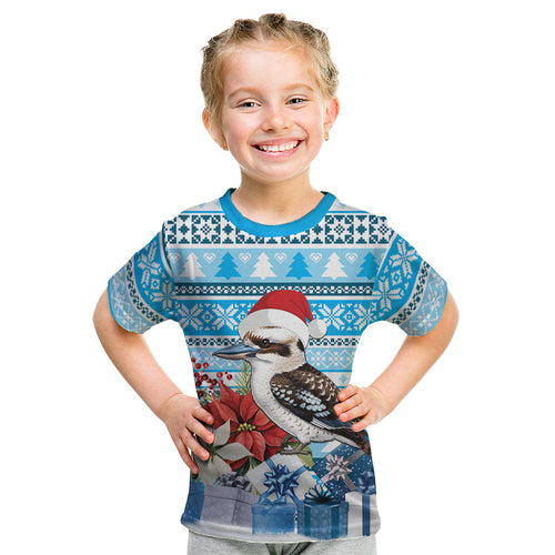 Australia Christmas In July Kid T Shirt Kookaburra Santa Blue Color