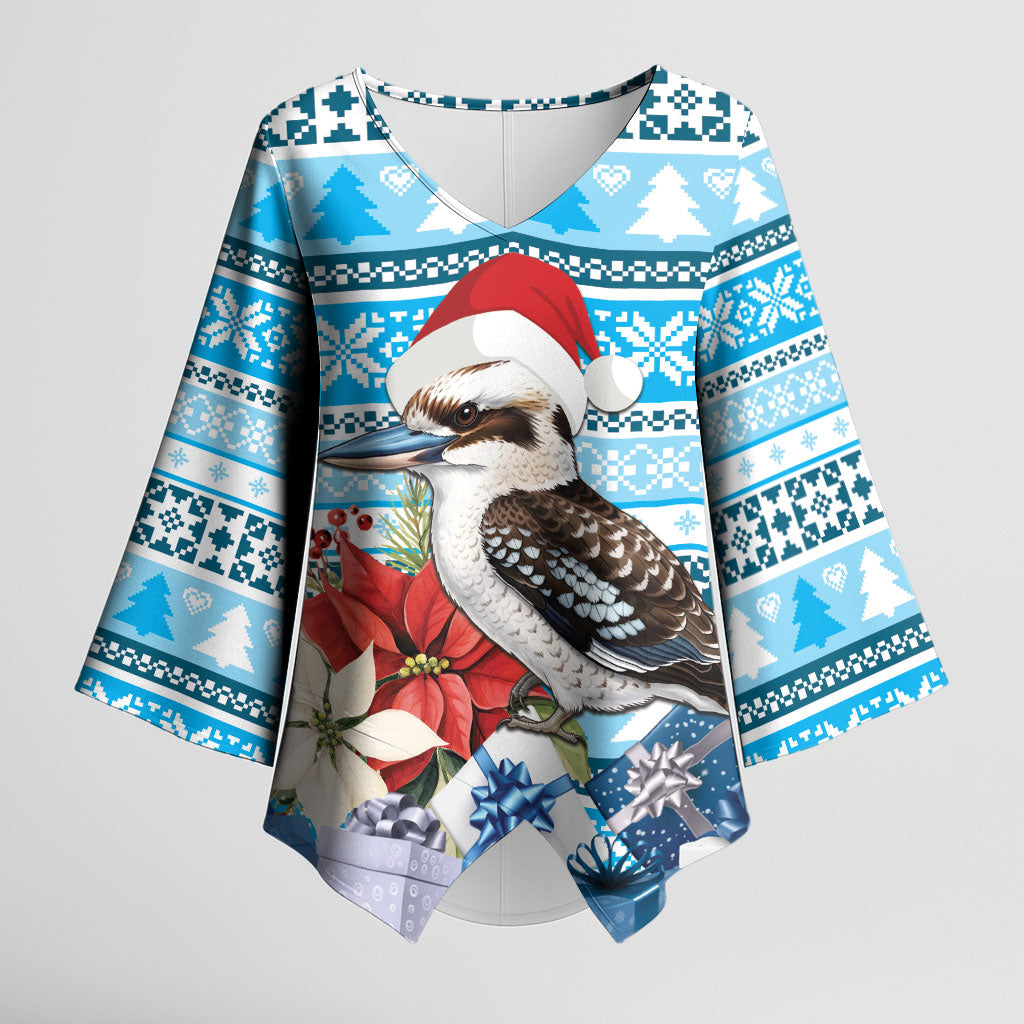 Australia Christmas In July Kimono Sleeve Blouse Kookaburra Santa Blue Color