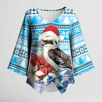 Australia Christmas In July Kimono Sleeve Blouse Kookaburra Santa Blue Color