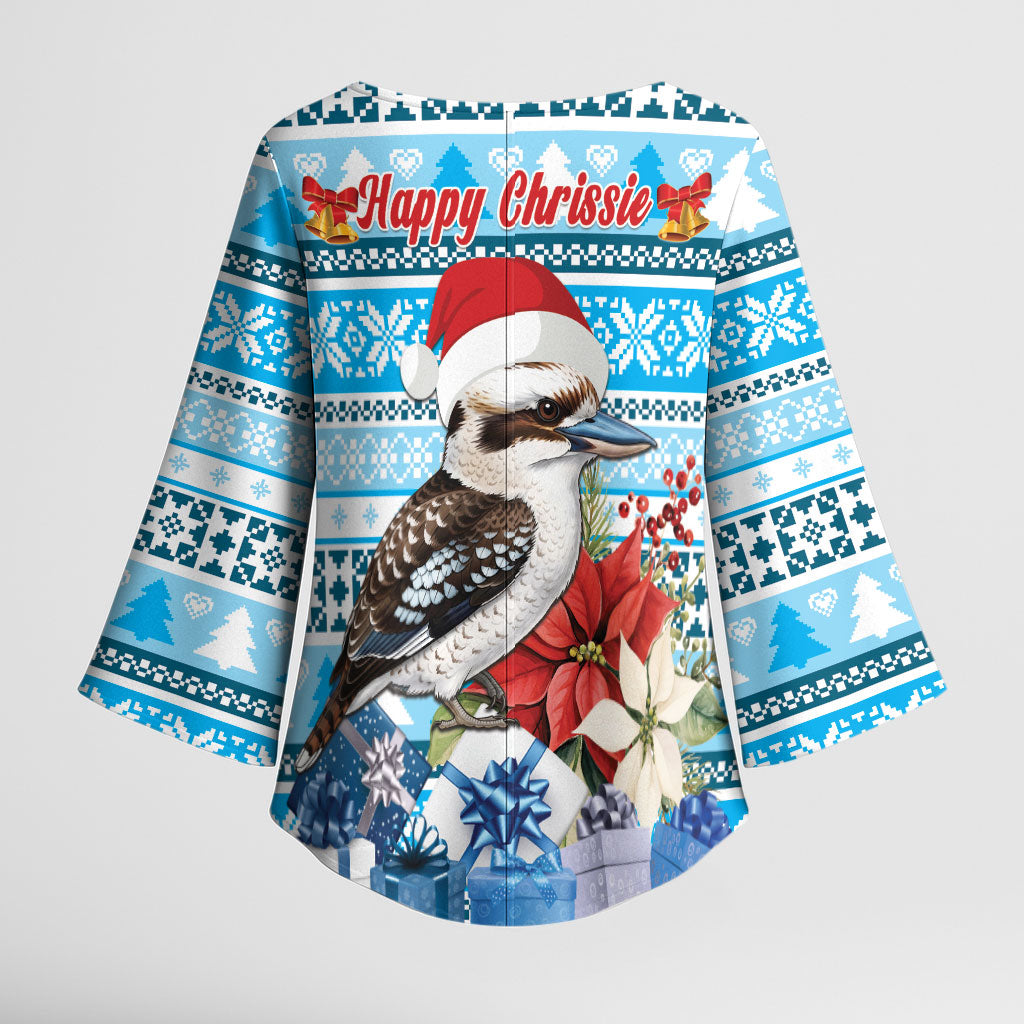 Australia Christmas In July Kimono Sleeve Blouse Kookaburra Santa Blue Color