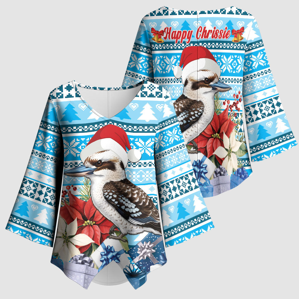 Australia Christmas In July Kimono Sleeve Blouse Kookaburra Santa Blue Color