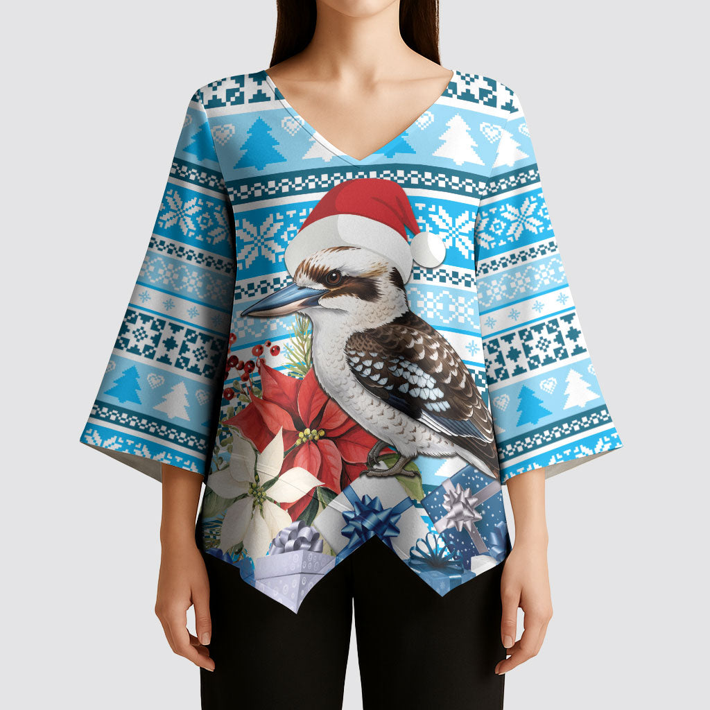 Australia Christmas In July Kimono Sleeve Blouse Kookaburra Santa Blue Color