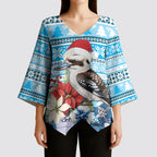 Australia Christmas In July Kimono Sleeve Blouse Kookaburra Santa Blue Color