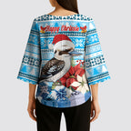 Australia Christmas In July Kimono Sleeve Blouse Kookaburra Santa Blue Color