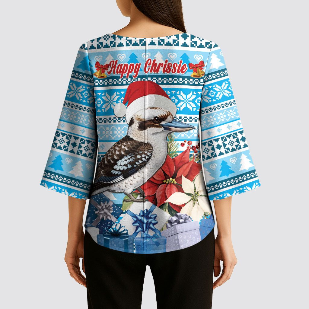 Australia Christmas In July Kimono Sleeve Blouse Kookaburra Santa Blue Color