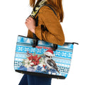 Australia Christmas In July Leather Tote Bag Kookaburra Santa Blue Color