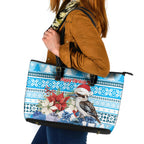 Australia Christmas In July Leather Tote Bag Kookaburra Santa Blue Color