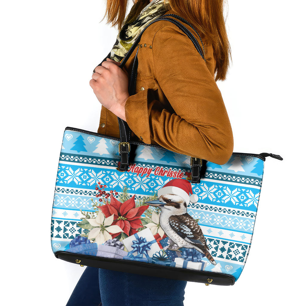 Australia Christmas In July Leather Tote Bag Kookaburra Santa Blue Color