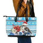 Australia Christmas In July Leather Tote Bag Kookaburra Santa Blue Color