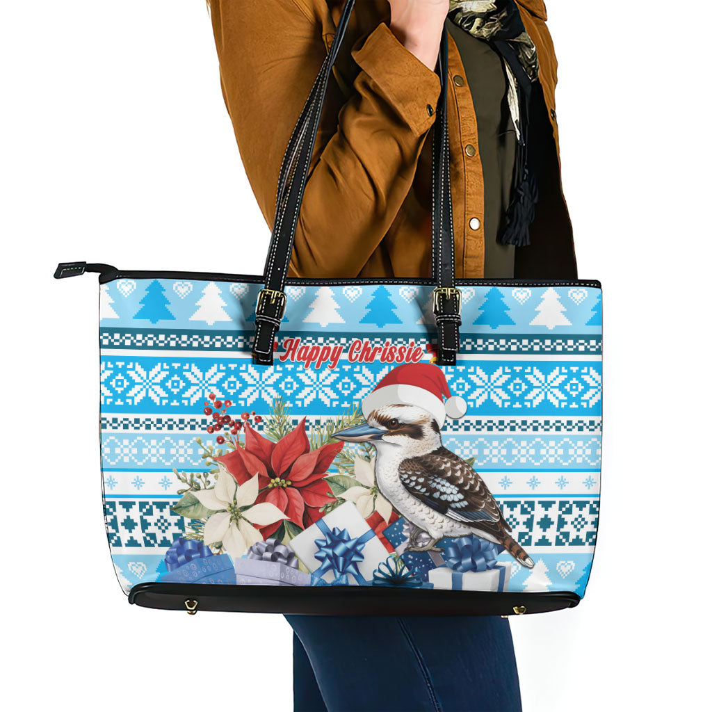Australia Christmas In July Leather Tote Bag Kookaburra Santa Blue Color