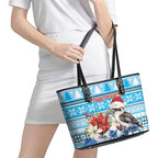 Australia Christmas In July Leather Tote Bag Kookaburra Santa Blue Color