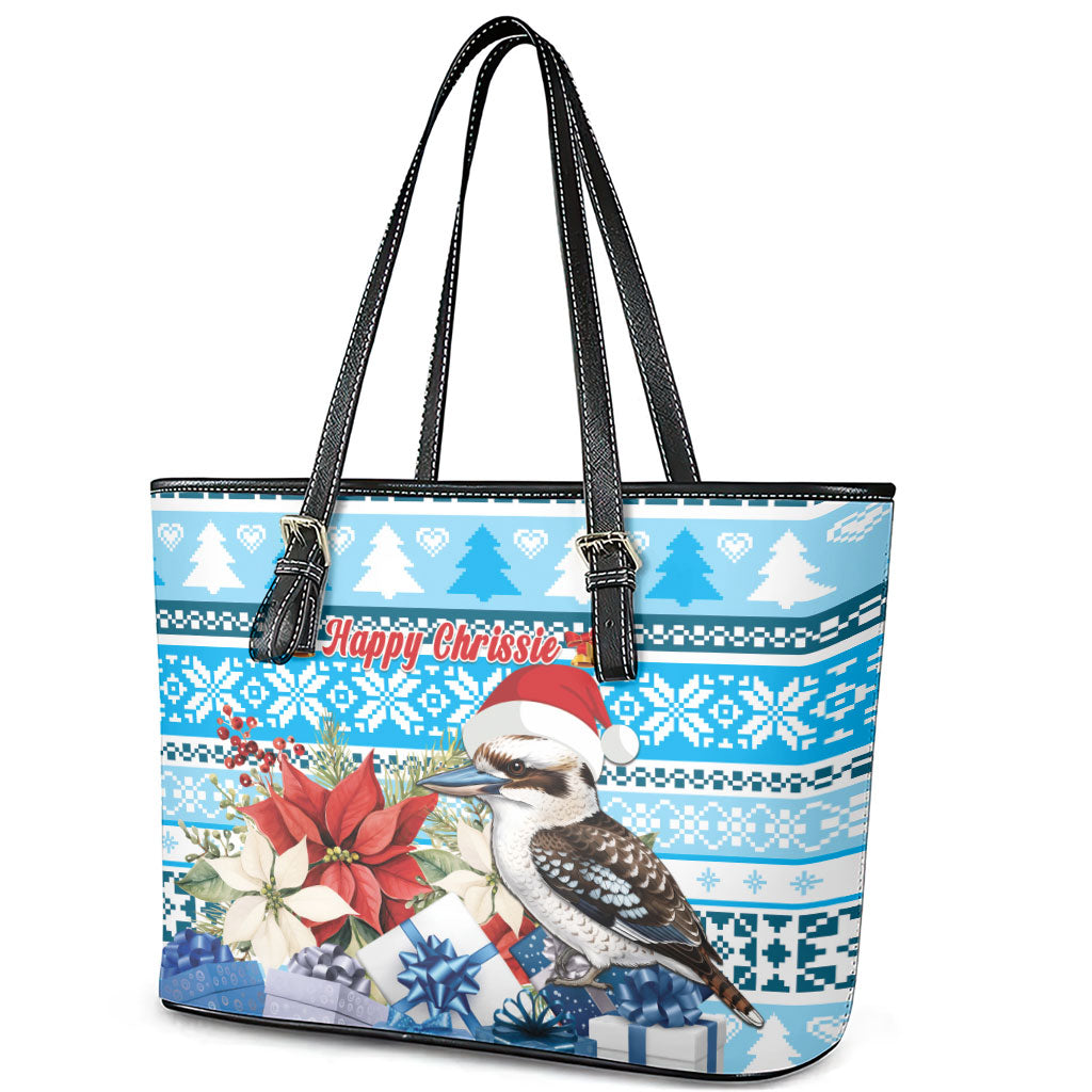 Australia Christmas In July Leather Tote Bag Kookaburra Santa Blue Color