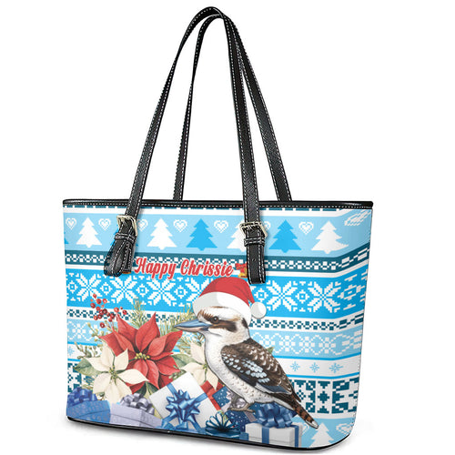 Australia Christmas In July Leather Tote Bag Kookaburra Santa Blue Color