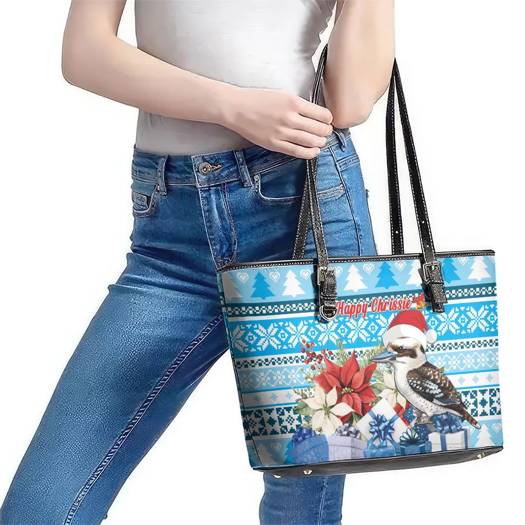 Australia Christmas In July Leather Tote Bag Kookaburra Santa Blue Color