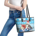 Australia Christmas In July Leather Tote Bag Kookaburra Santa Blue Color