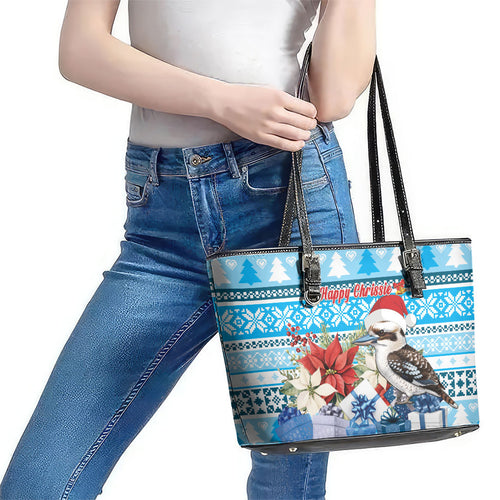Australia Christmas In July Leather Tote Bag Kookaburra Santa Blue Color