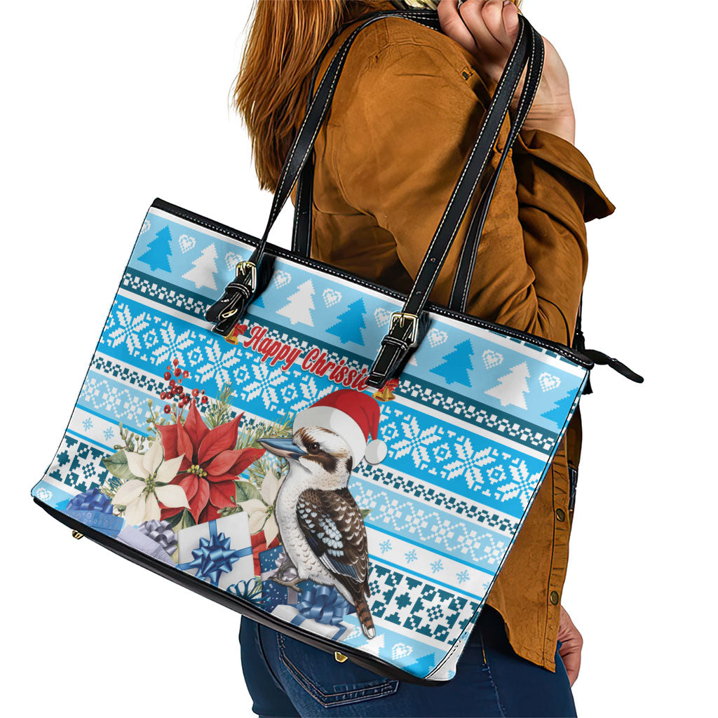 Australia Christmas In July Leather Tote Bag Kookaburra Santa Blue Color