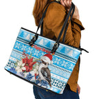 Australia Christmas In July Leather Tote Bag Kookaburra Santa Blue Color