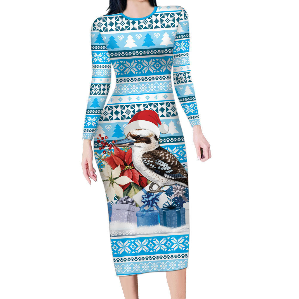 Australia Christmas In July Long Sleeve Bodycon Dress Kookaburra Santa Blue Color