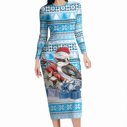 Australia Christmas In July Long Sleeve Bodycon Dress Kookaburra Santa Blue Color