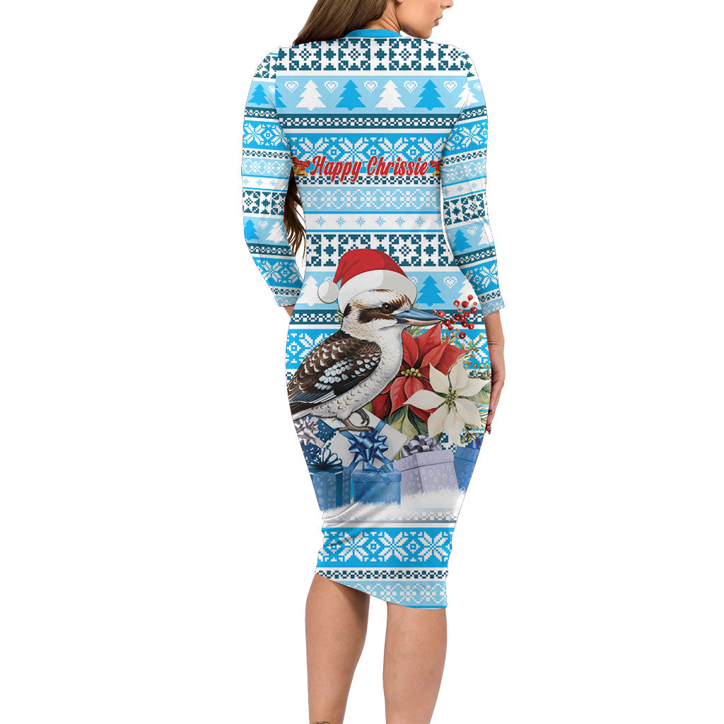 Australia Christmas In July Long Sleeve Bodycon Dress Kookaburra Santa Blue Color