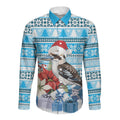 Australia Christmas In July Long Sleeve Button Shirt Kookaburra Santa Blue Color