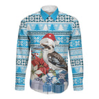 Australia Christmas In July Long Sleeve Button Shirt Kookaburra Santa Blue Color